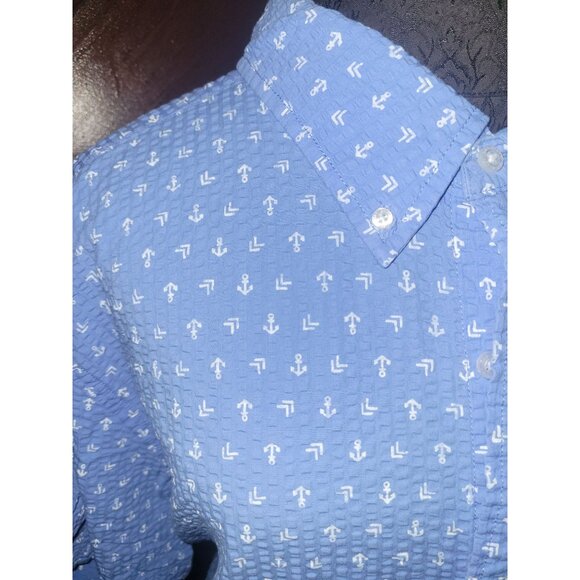 Lands End XXL Blue Short Sleeve Seersucker Anchor Print Button-Down Shirt - Picture 2 of 6